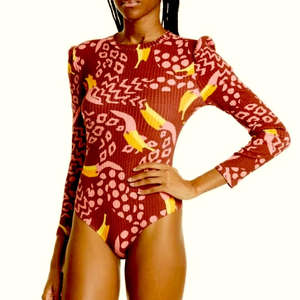FARM Rio Burgundy Toucanissimo Long Sleeve Bodysuit Size Medium